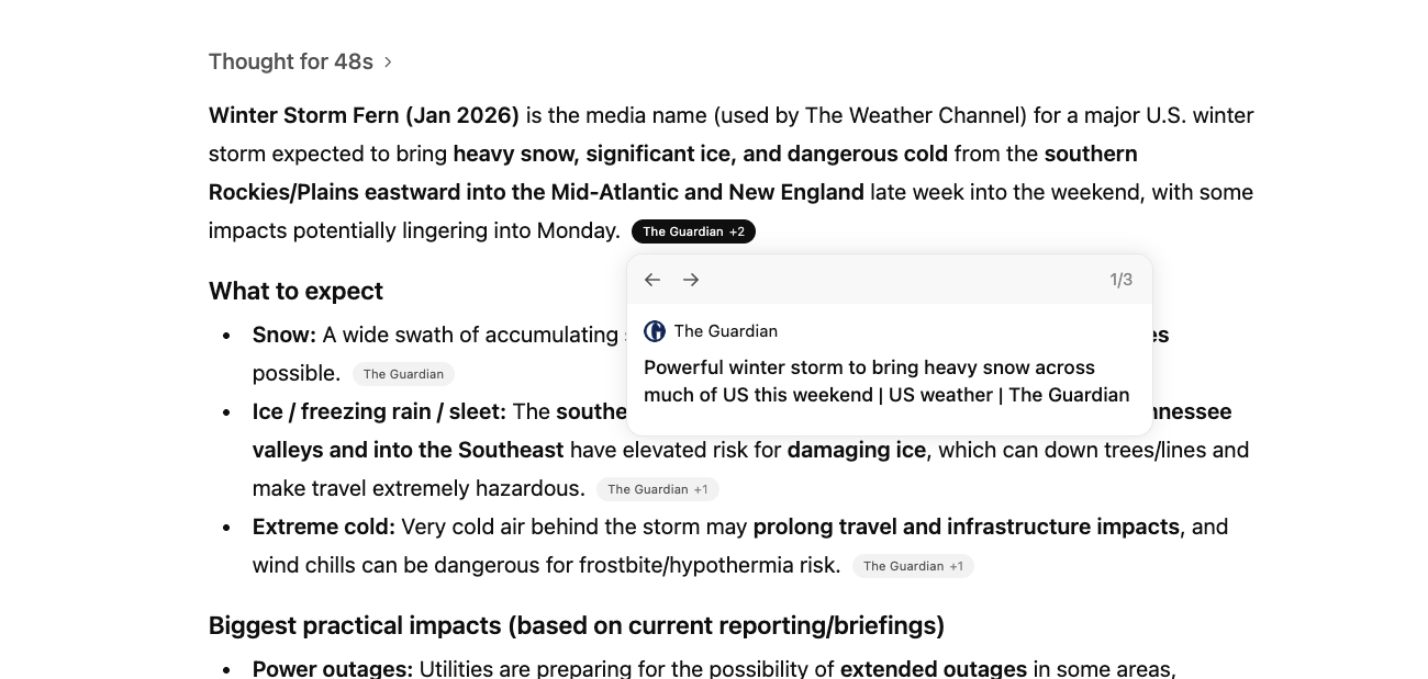 Chat message with inline citation markers and a source panel showing referenced documents