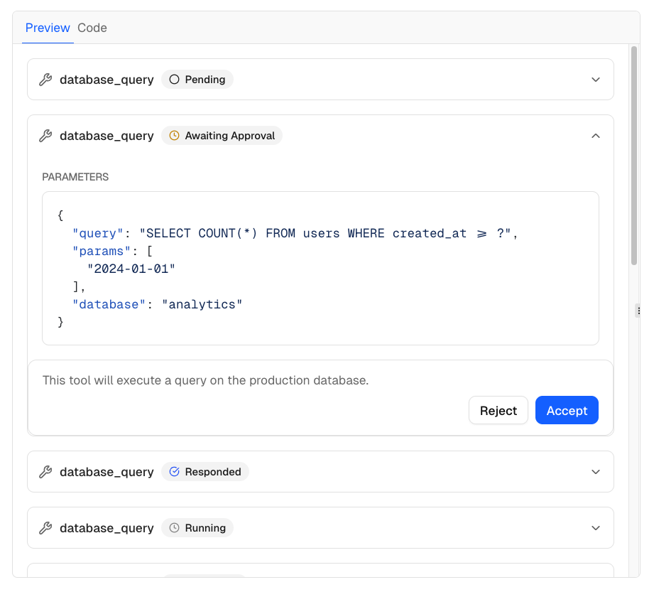 A tool call card showing database_query with status, SQL preview, and accept/reject buttons