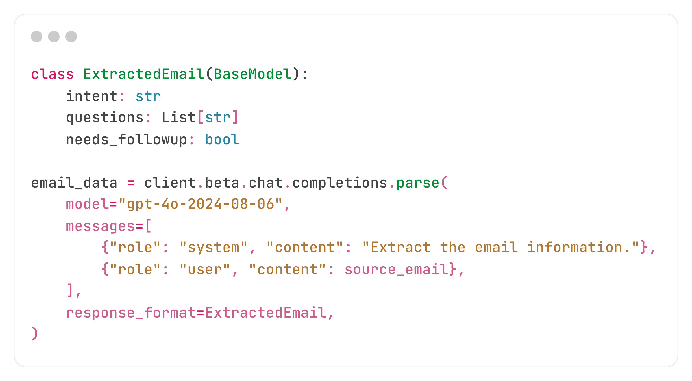 A code sample of email data extraction using structured outputs